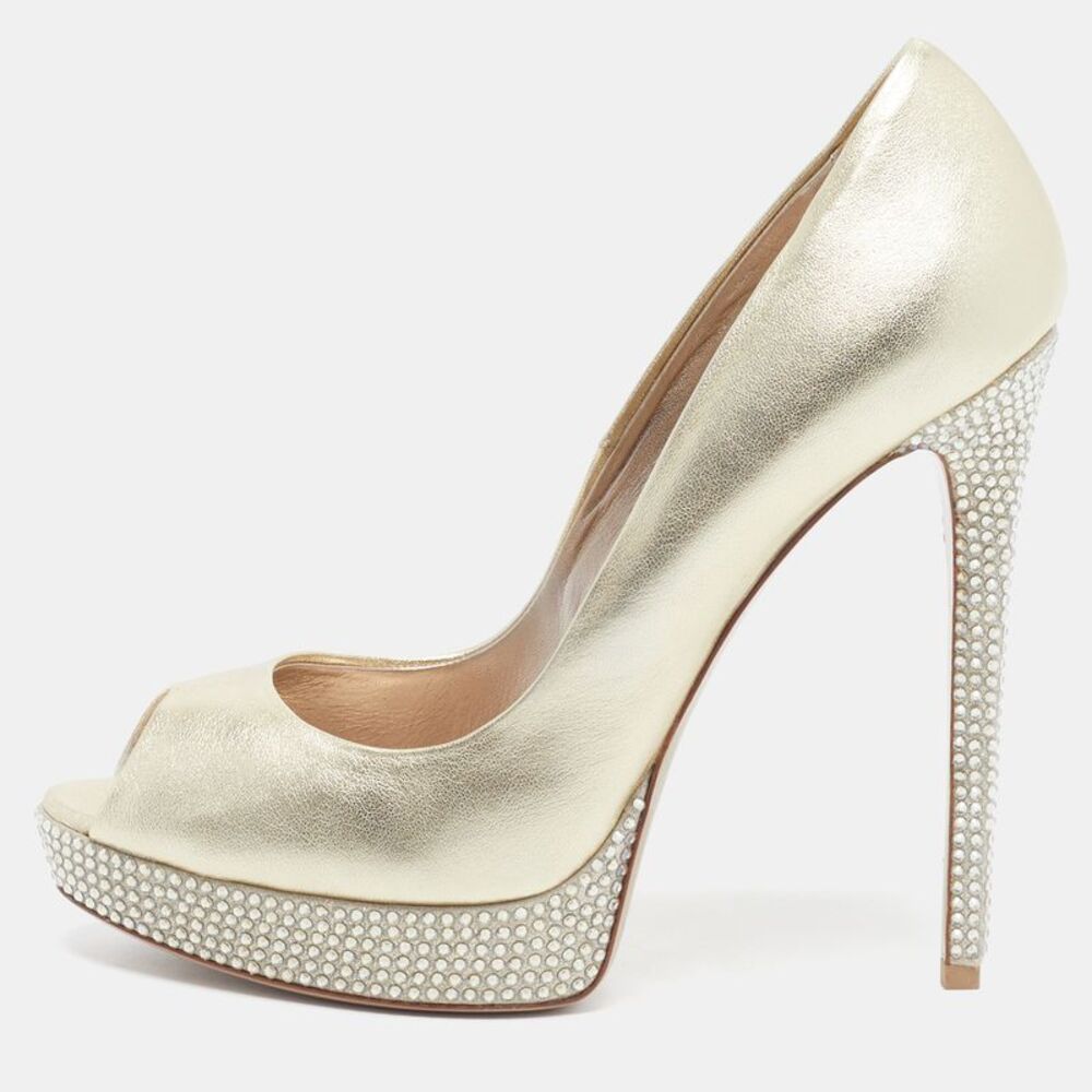 Le Silla Size 38.5 Gold Leather And Suede Crystal Embellished Platform Open Toe